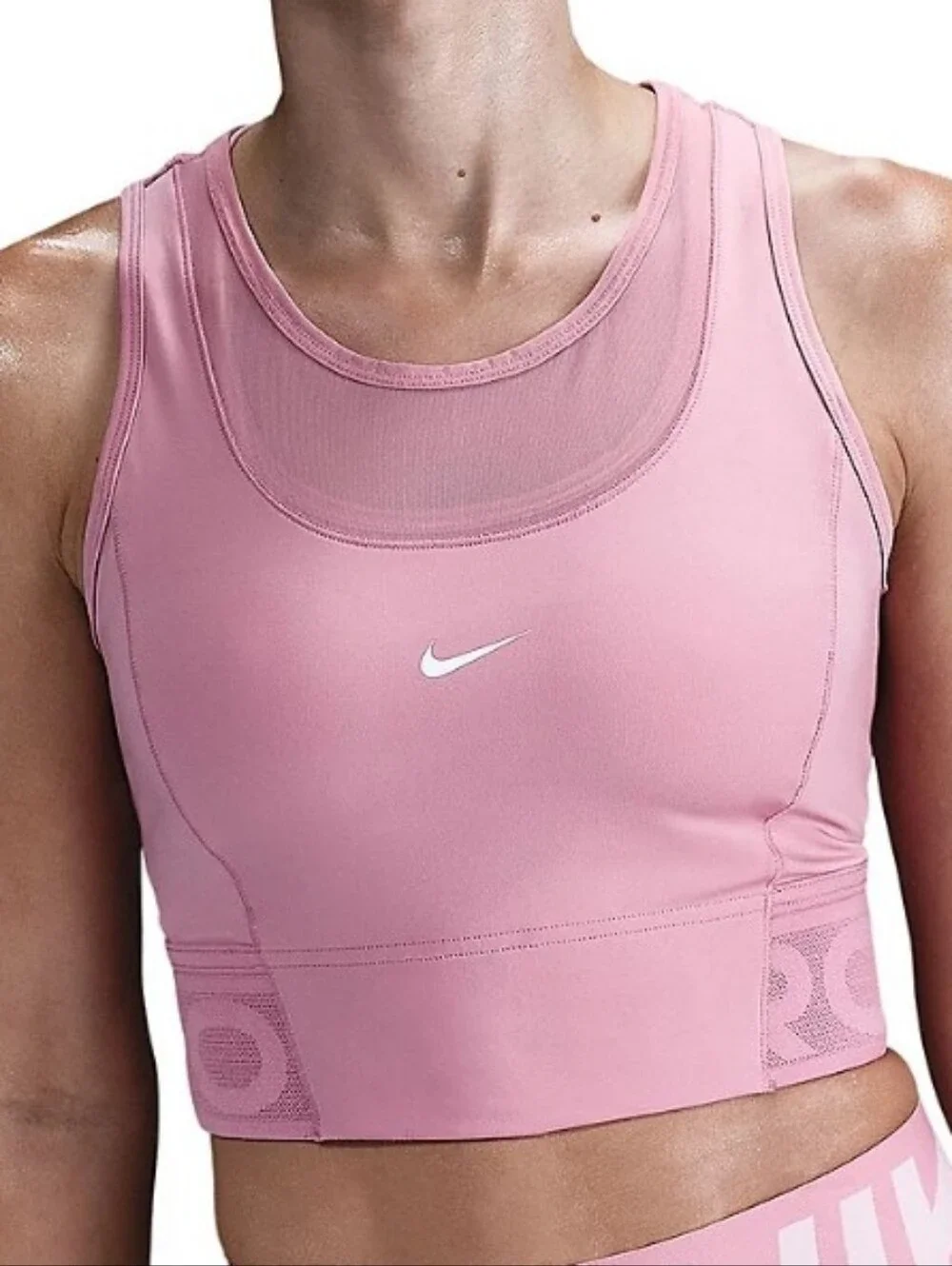 Nike Women's Pro Dri-FIT Cropped Dusty Pink Mesh Panels Cropped Tank Top Large